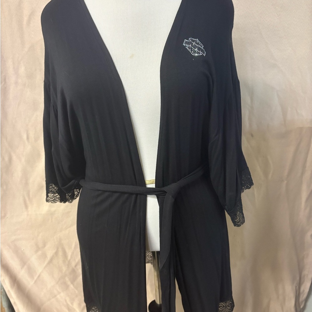 Harley-Davidson Black Lace-Trim Women’s Robe with Rhinestone Lip Detail